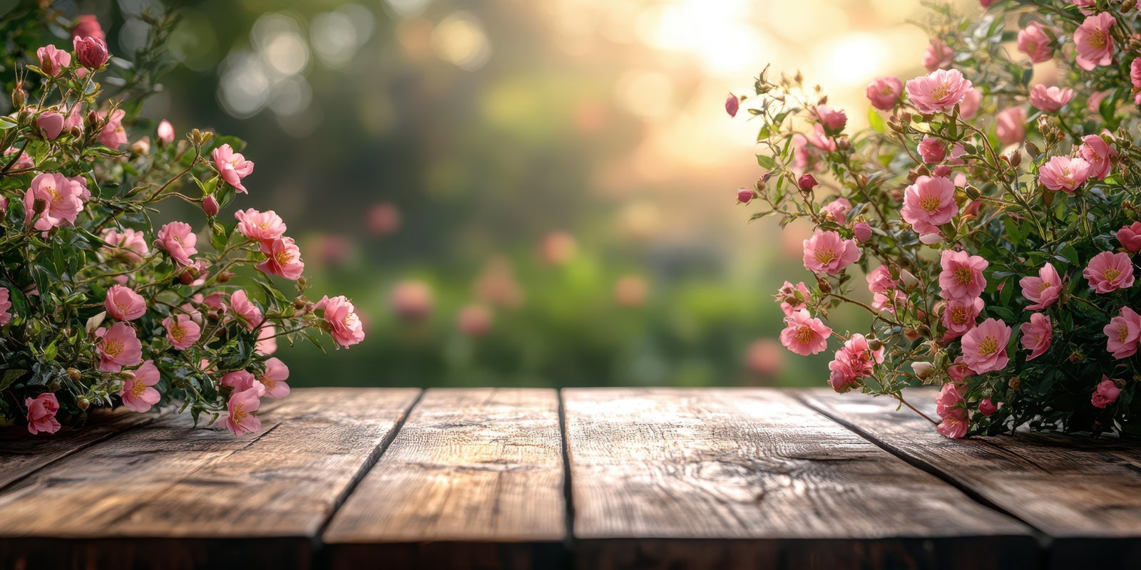 Beautiful wooden table surrounded by blooming pink flowers in a serene garden during golden hour